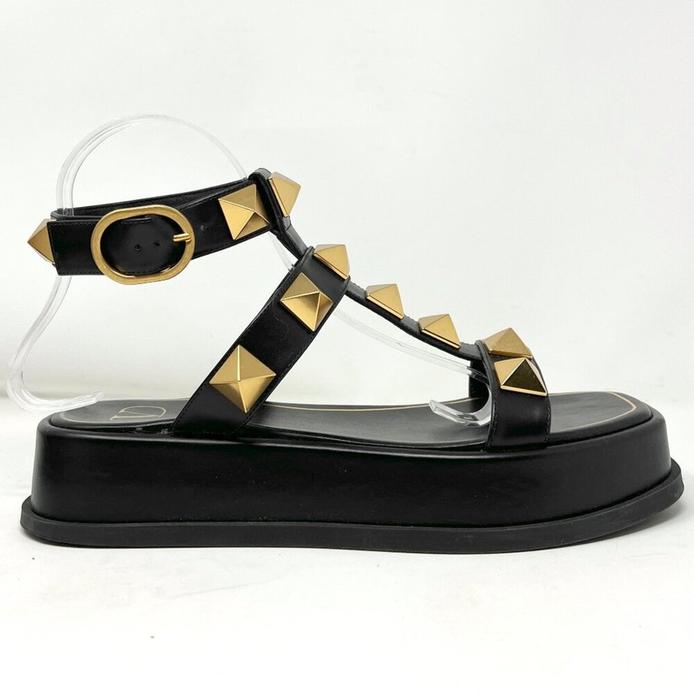 Valentino Roman Stud Platform Sandals Black Gold 38 - Picture 4 of 9